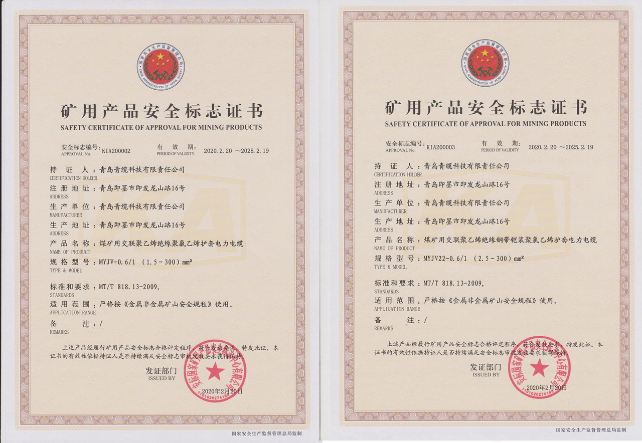 3200威尼斯vip科技公司矿用电力电缆通过煤安认证(图2) 3200威尼斯vip科技公司矿用电力电缆通过煤安认证(图2)